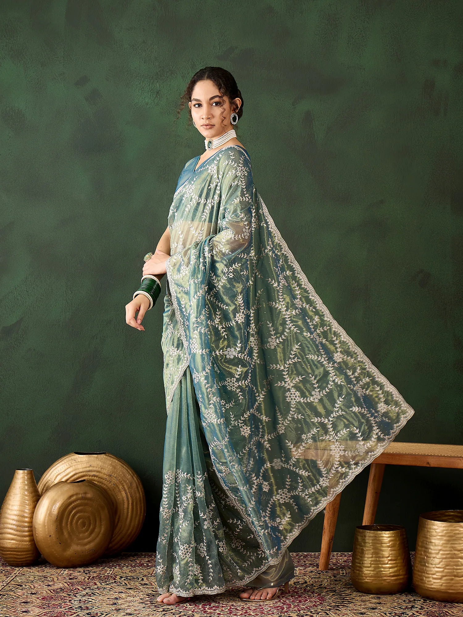Teal Embroidered Indian Sari - Polyester Saree Online