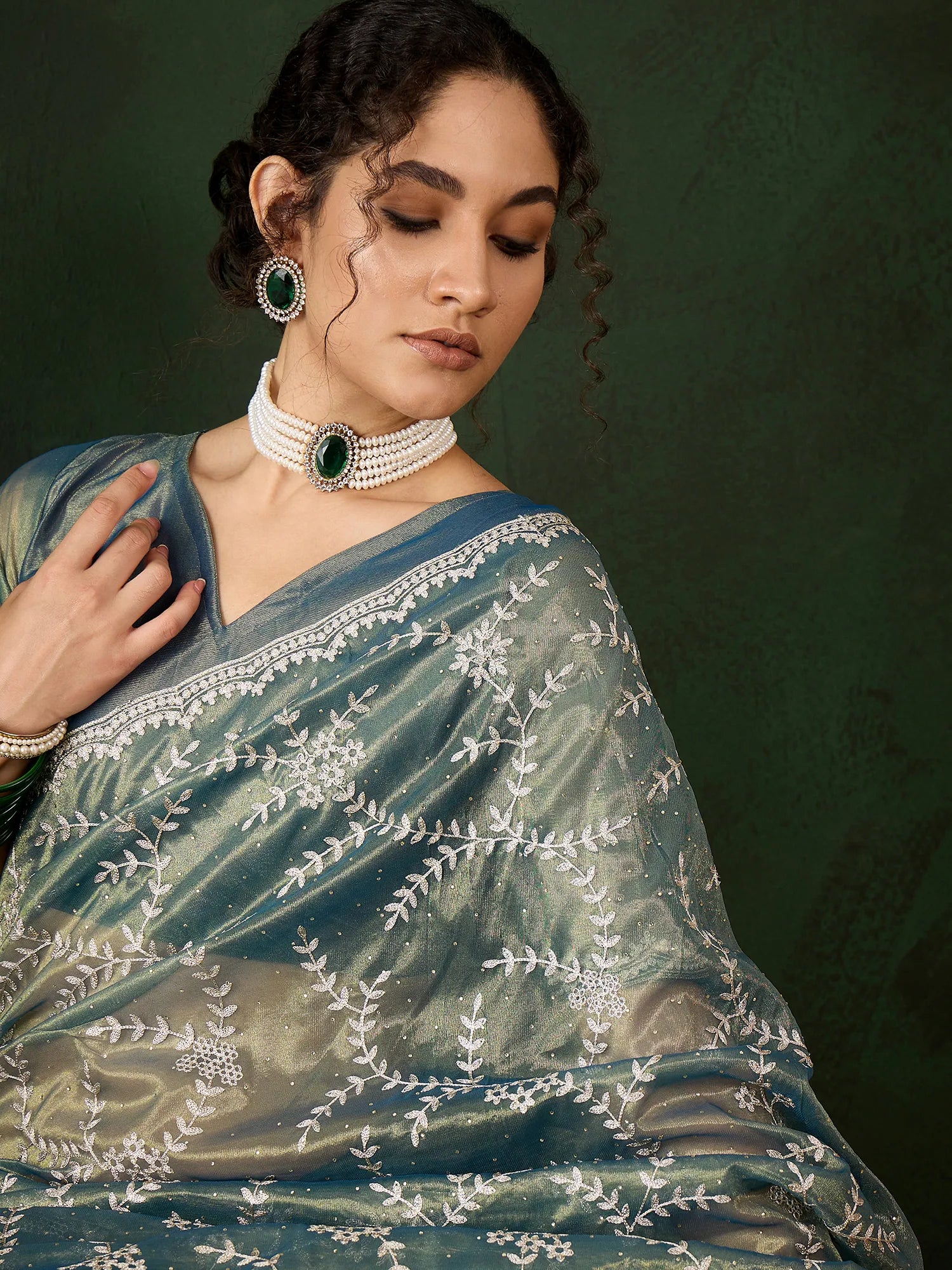 Teal Embroidered Indian Sari - Polyester Saree Online
