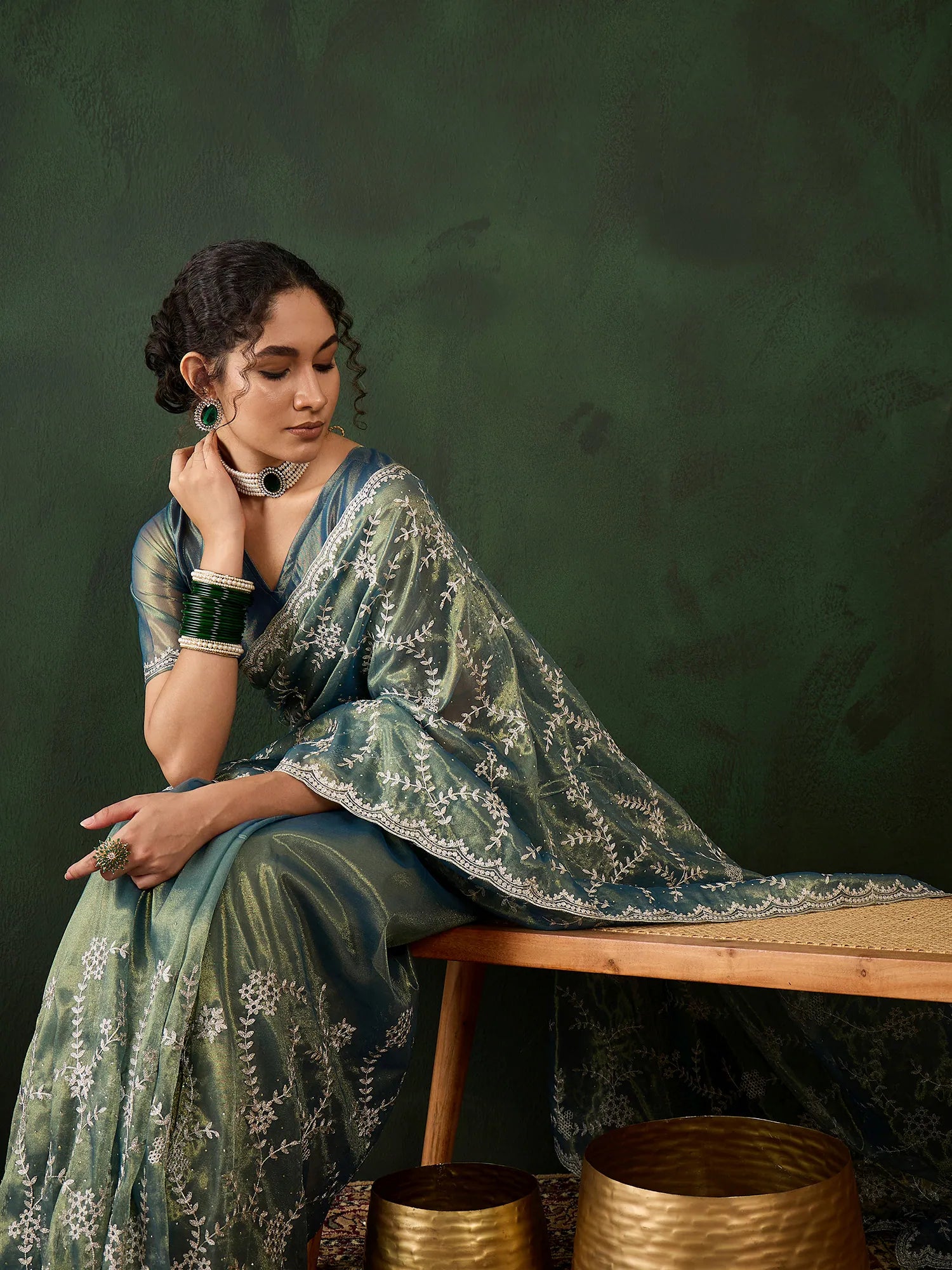Teal Embroidered Indian Sari - Polyester Saree Online
