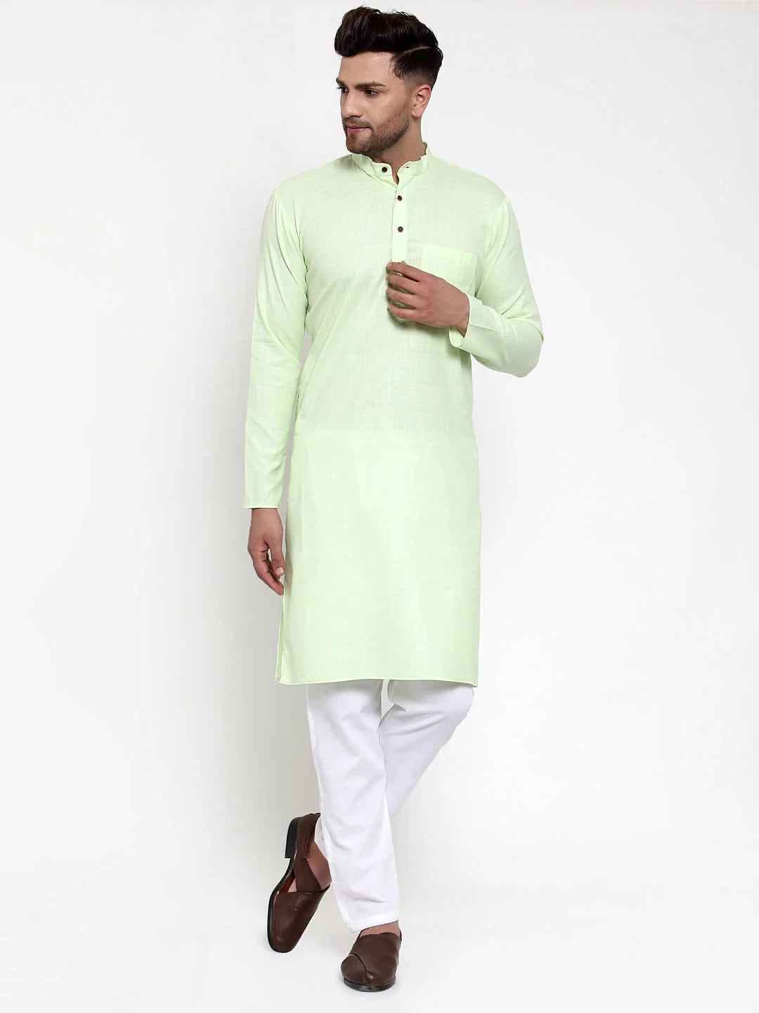 Men's Lime Cotton Solid Kurta Pajama | Mens Kurta Pajama Set