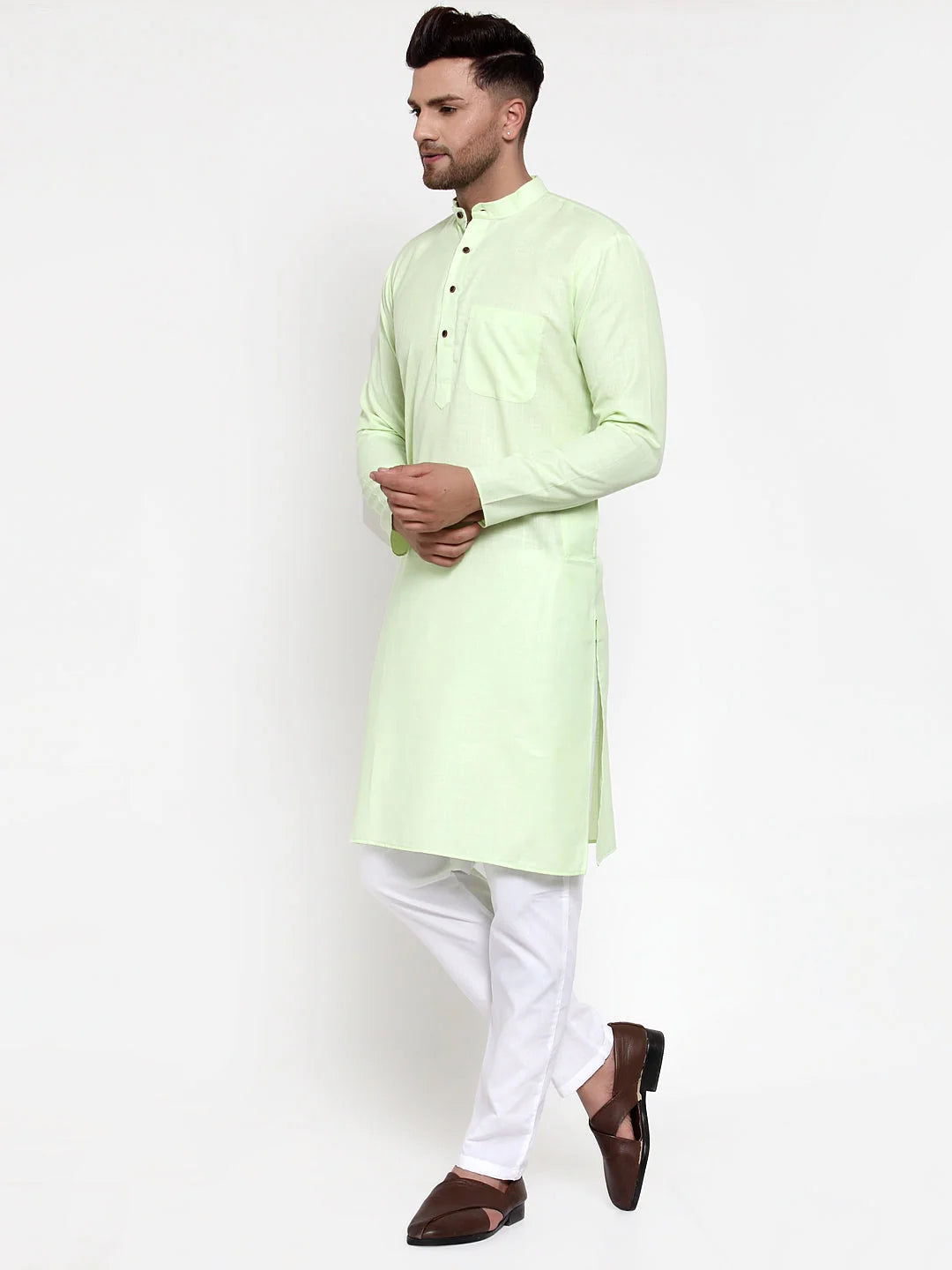 Men's Lime Cotton Solid Kurta Pajama | Mens Kurta Pajama Set