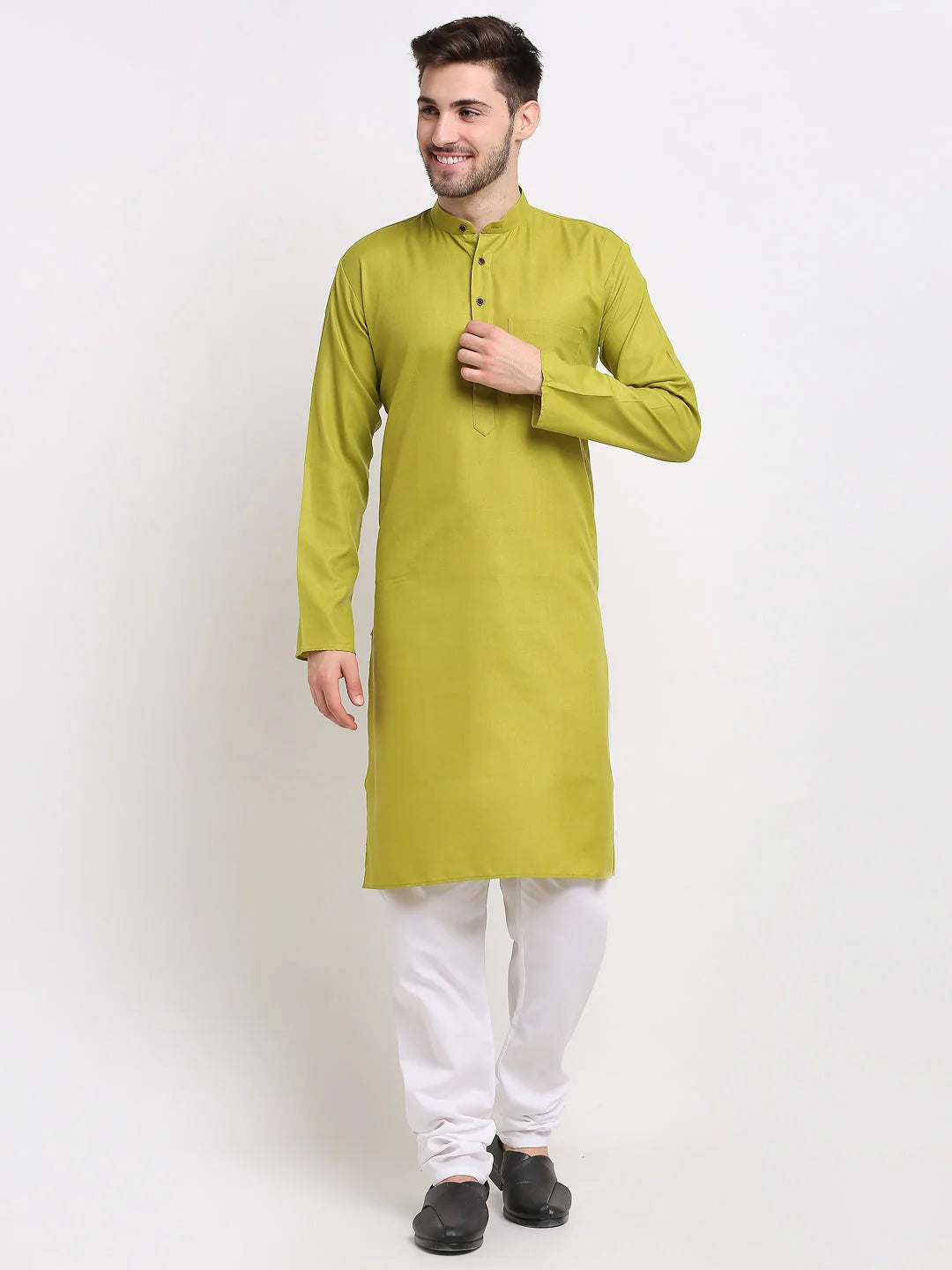 Olive Cotton Mens Kurta Pajama Set | Solid Ethnic Wear Online
