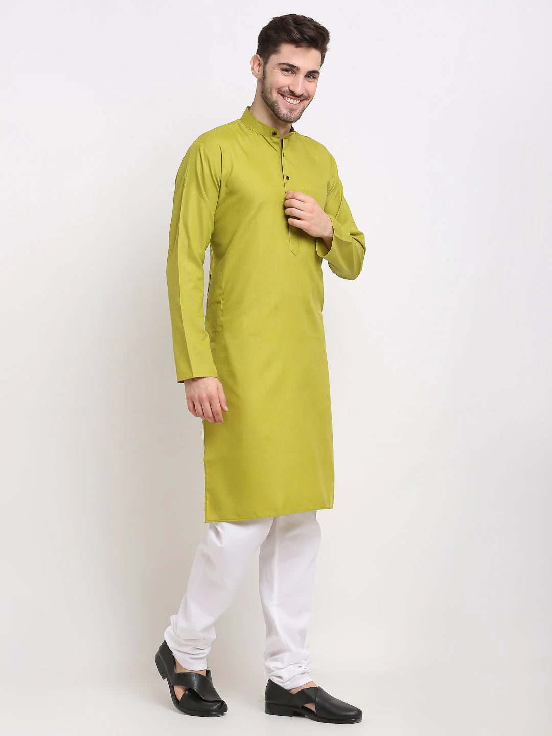 Olive Cotton Mens Kurta Pajama Set | Solid Ethnic Wear Online