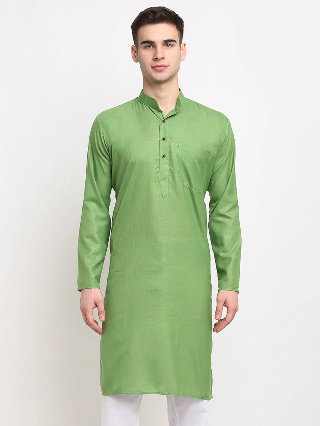 Men's Cotton Indian Kurta - Solid Parrot Green Mens Kurta