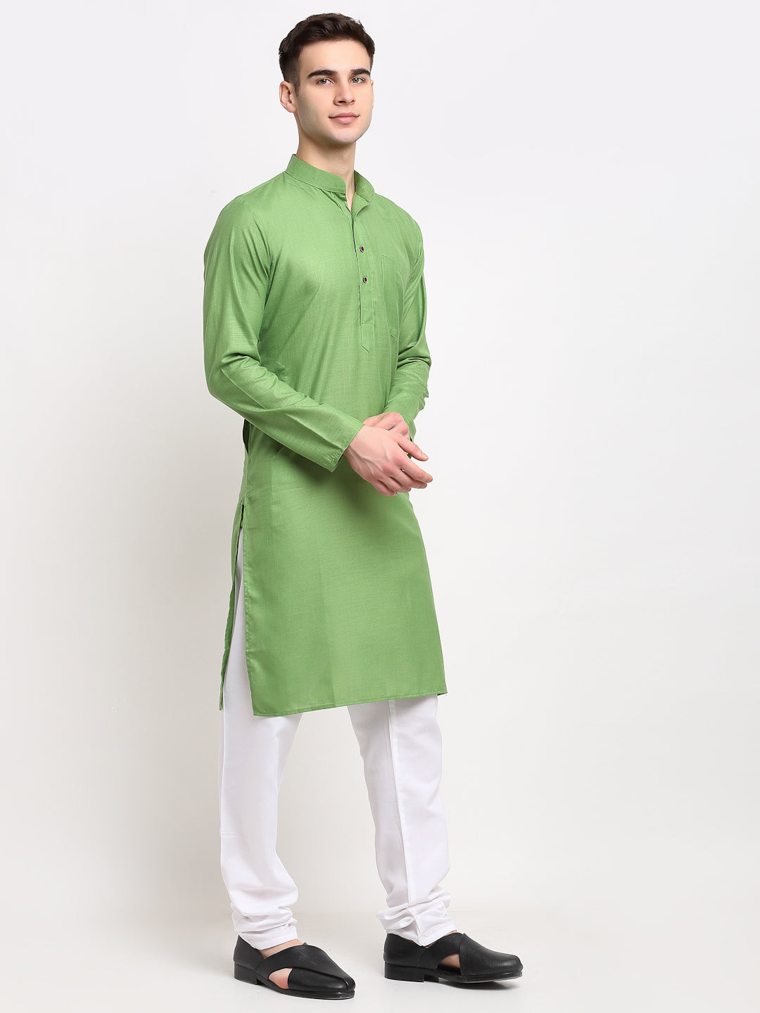 Men's Cotton Indian Kurta - Solid Parrot Green Mens Kurta