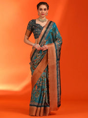 Women's Dola Blue Printed Designer Saree With Blouse Piece-ANTRIKSA106