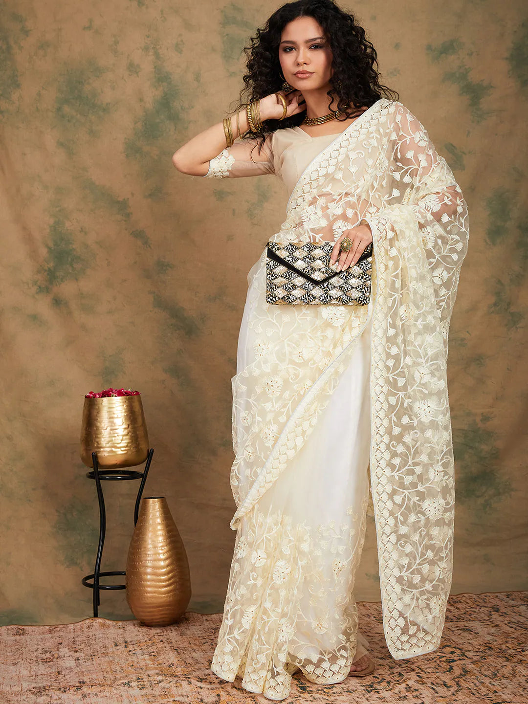 Gold Embroidered Polyester Saree | Indian Sari Elegance