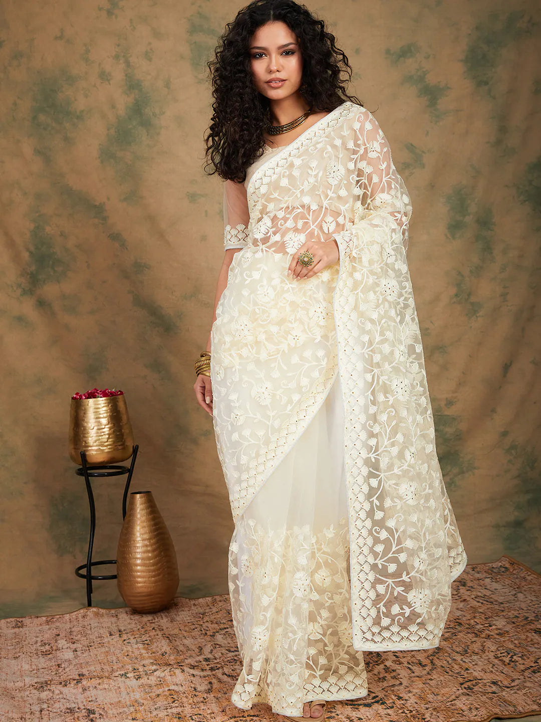 Gold Embroidered Polyester Saree | Indian Sari Elegance