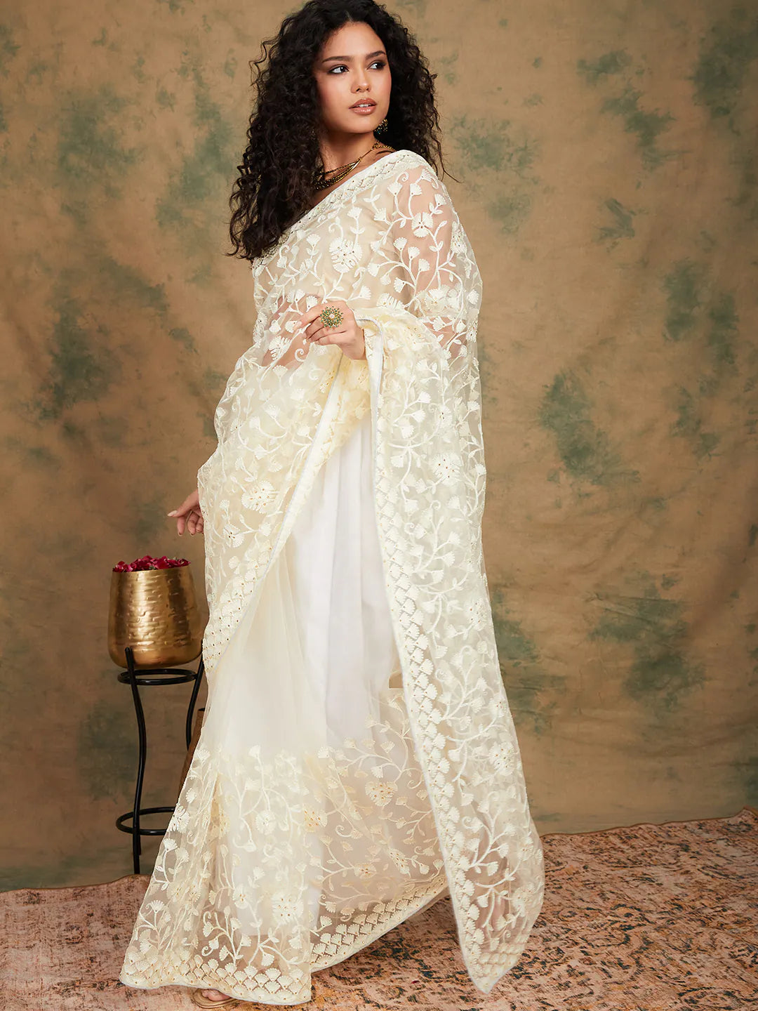 Gold Embroidered Polyester Saree | Indian Sari Elegance