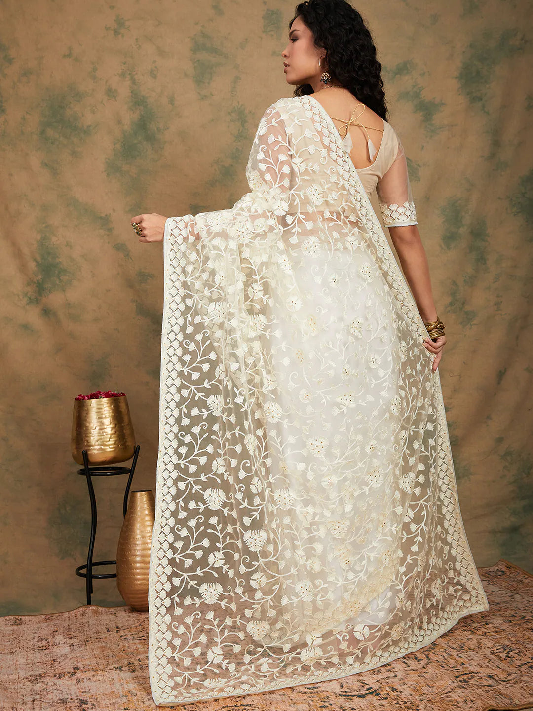 Gold Embroidered Polyester Saree | Indian Sari Elegance