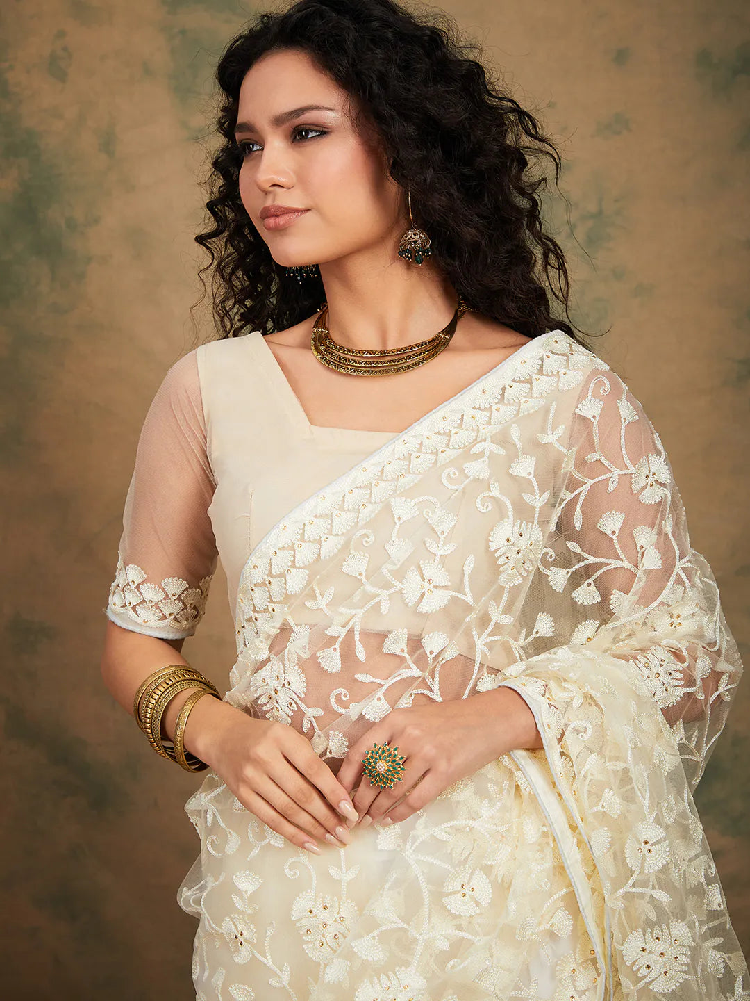 Gold Embroidered Polyester Saree | Indian Sari Elegance