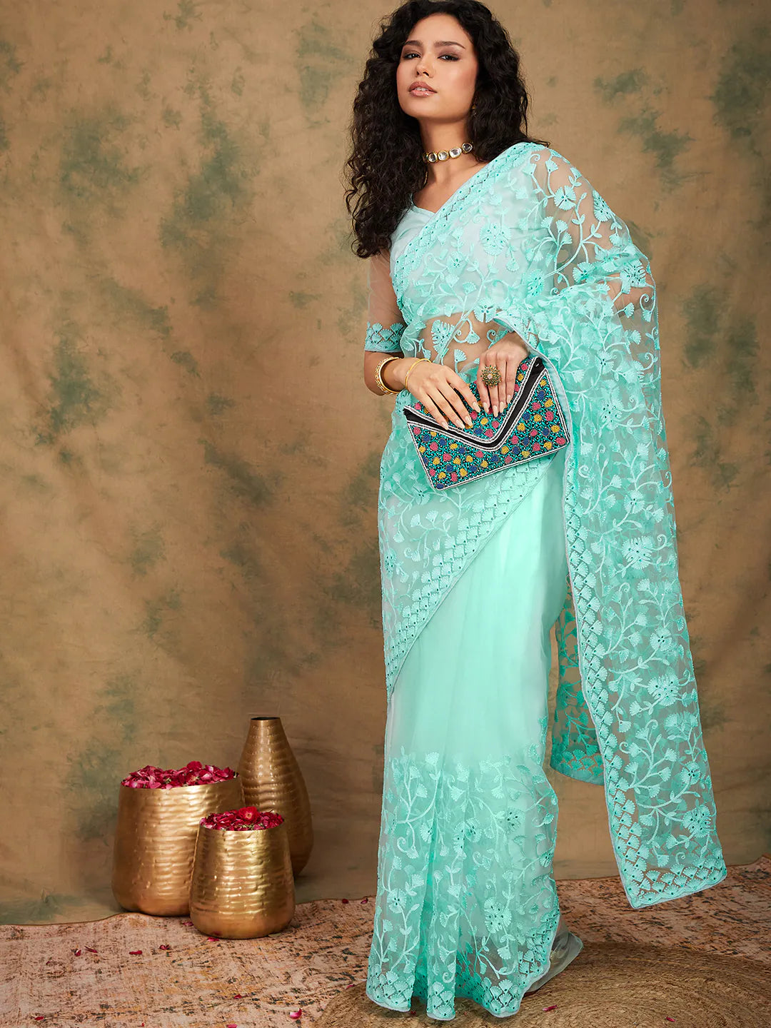 Turquoise Embroidered Saree | Indian Sari Style