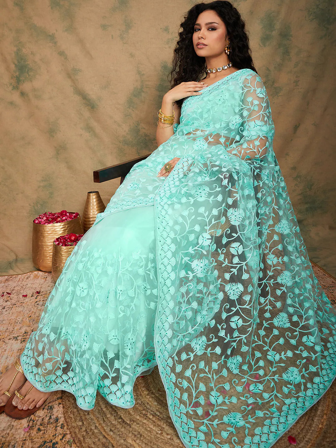 Turquoise Embroidered Saree | Indian Sari Style