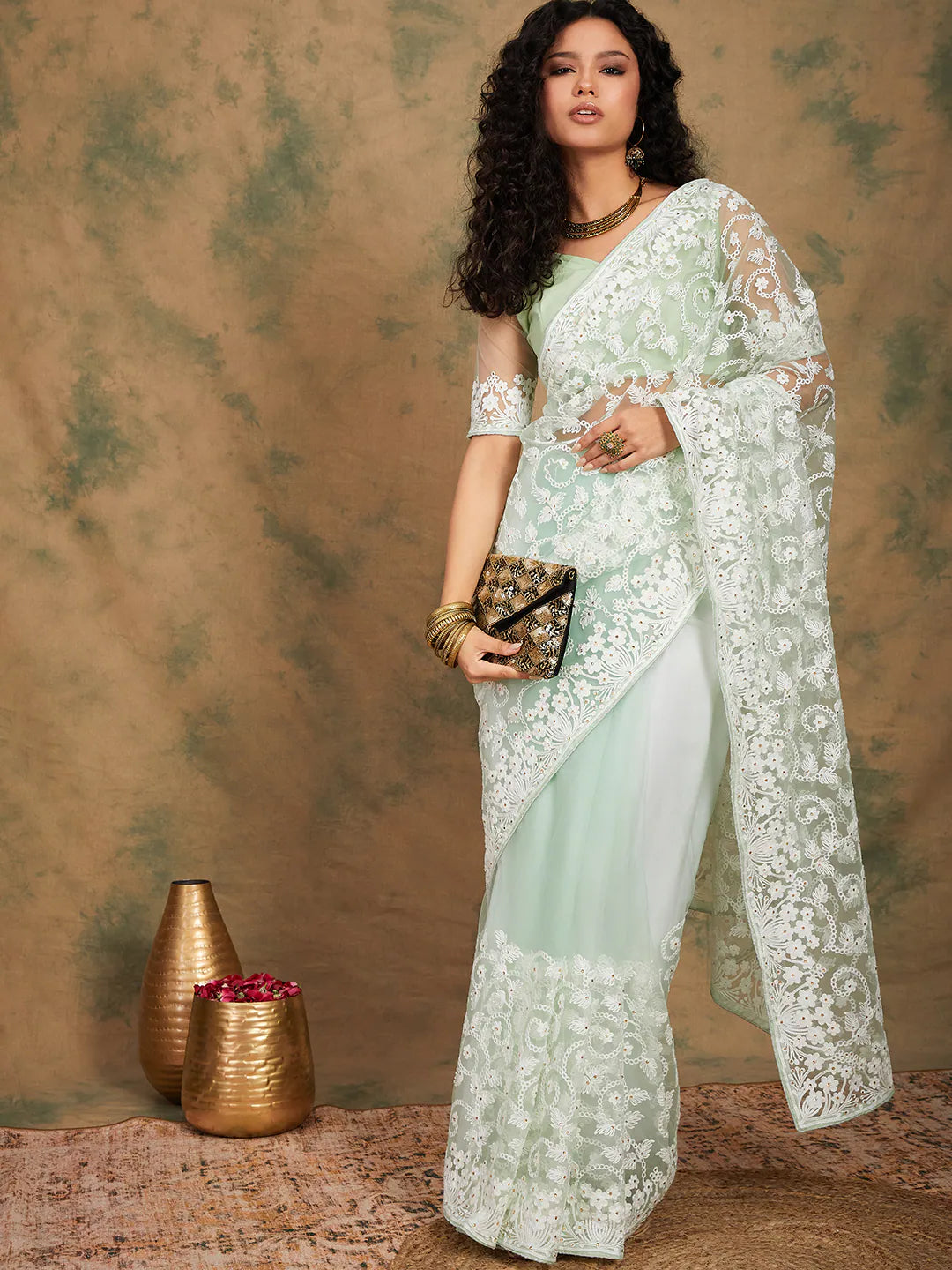 Pista Green Embroidered Saree | Premium Designer Sarees