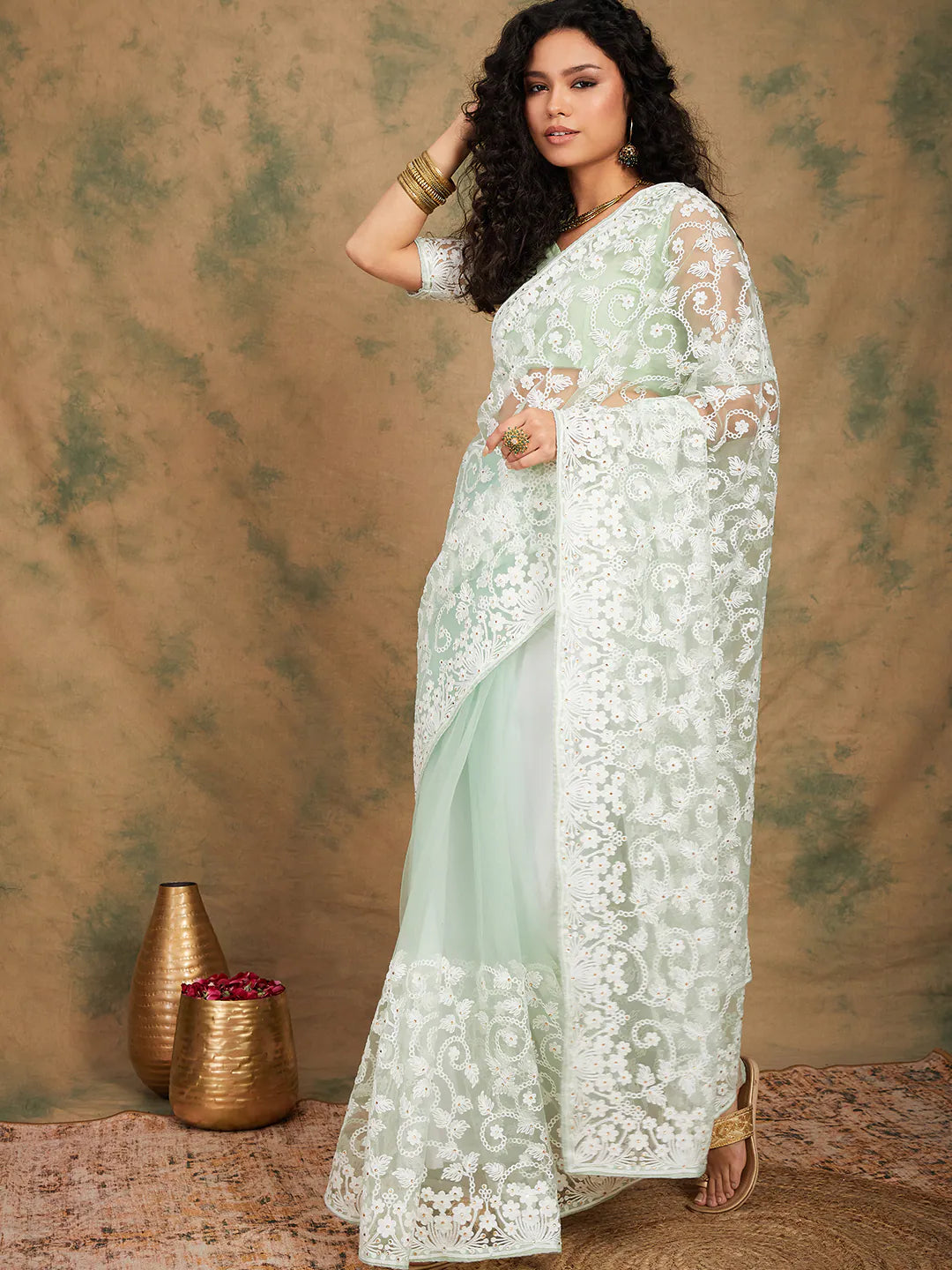 Pista Green Embroidered Saree | Premium Designer Sarees