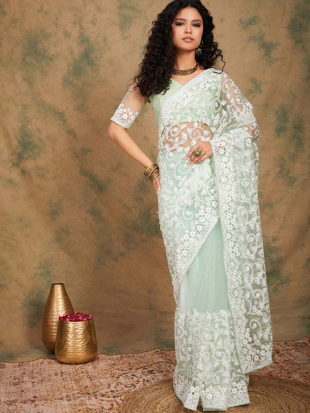 Pista Green Embroidered Saree | Premium Designer Sarees