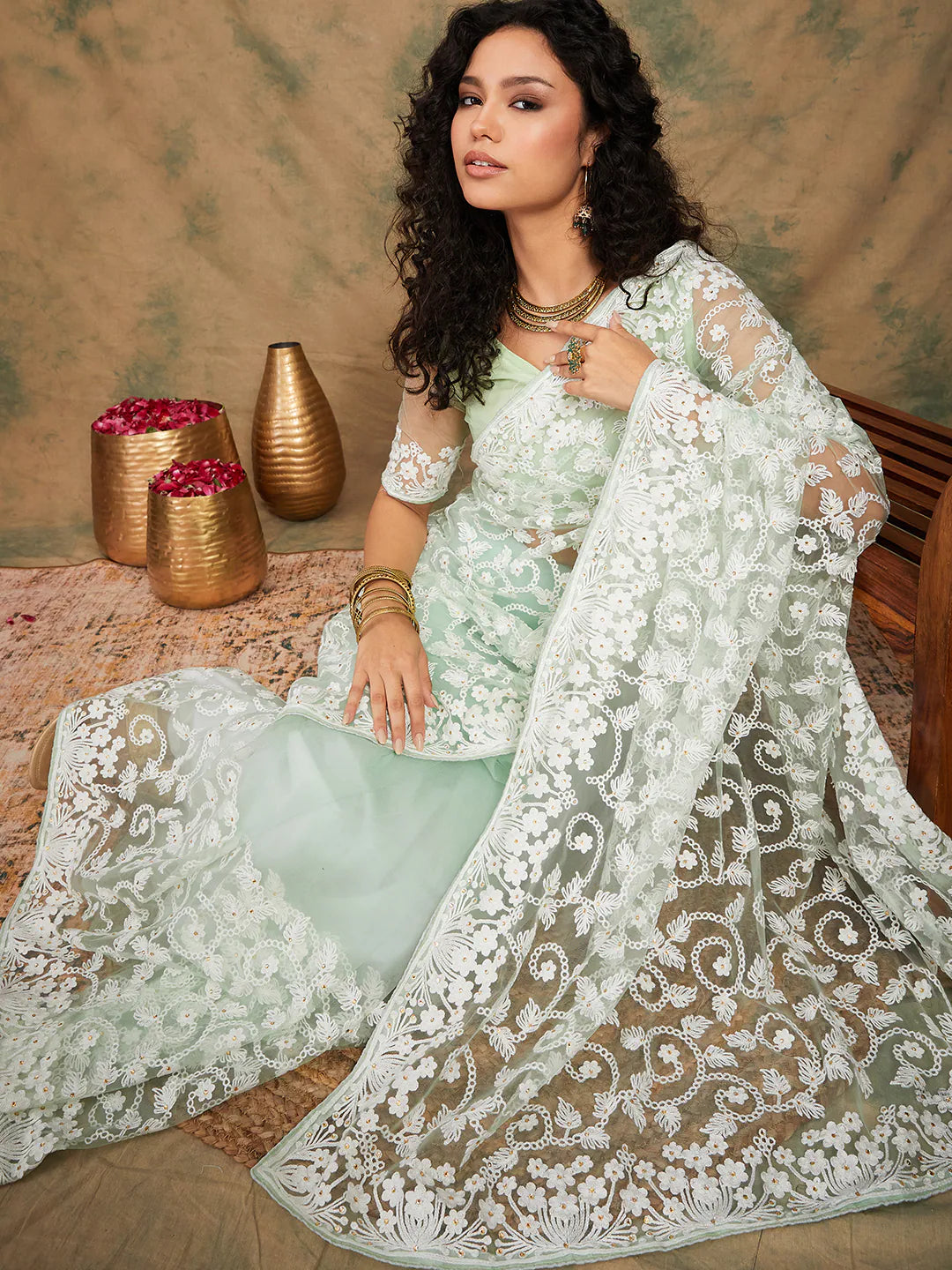 Pista Green Embroidered Saree | Premium Designer Sarees