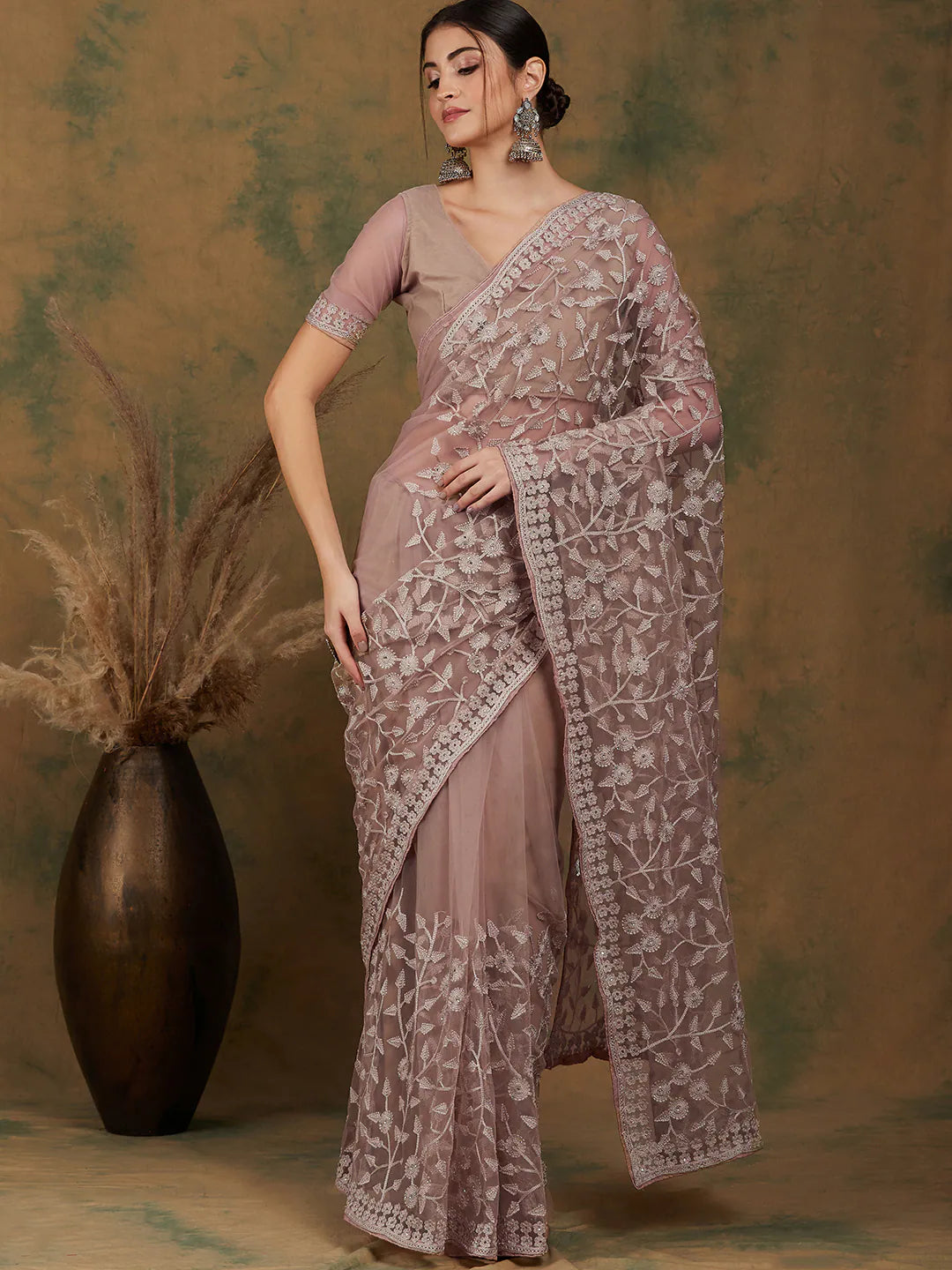 Beige Embroidered Polyester Saree | Indian Sari Elegance