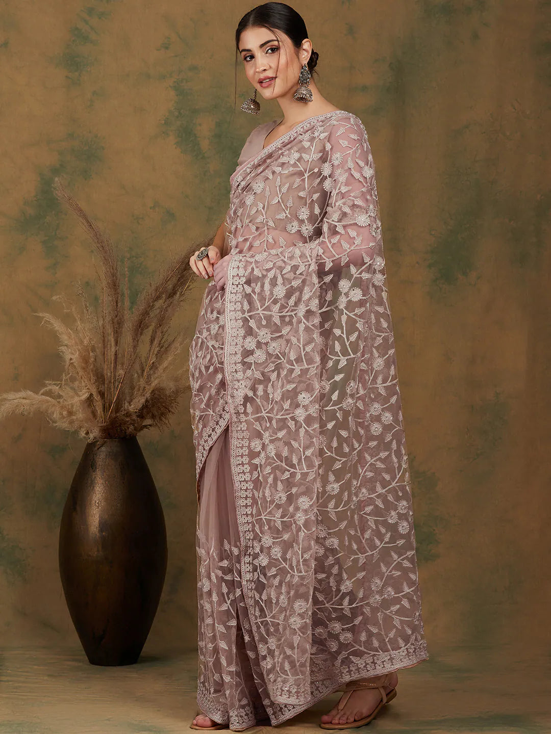 Beige Embroidered Polyester Saree | Indian Sari Elegance