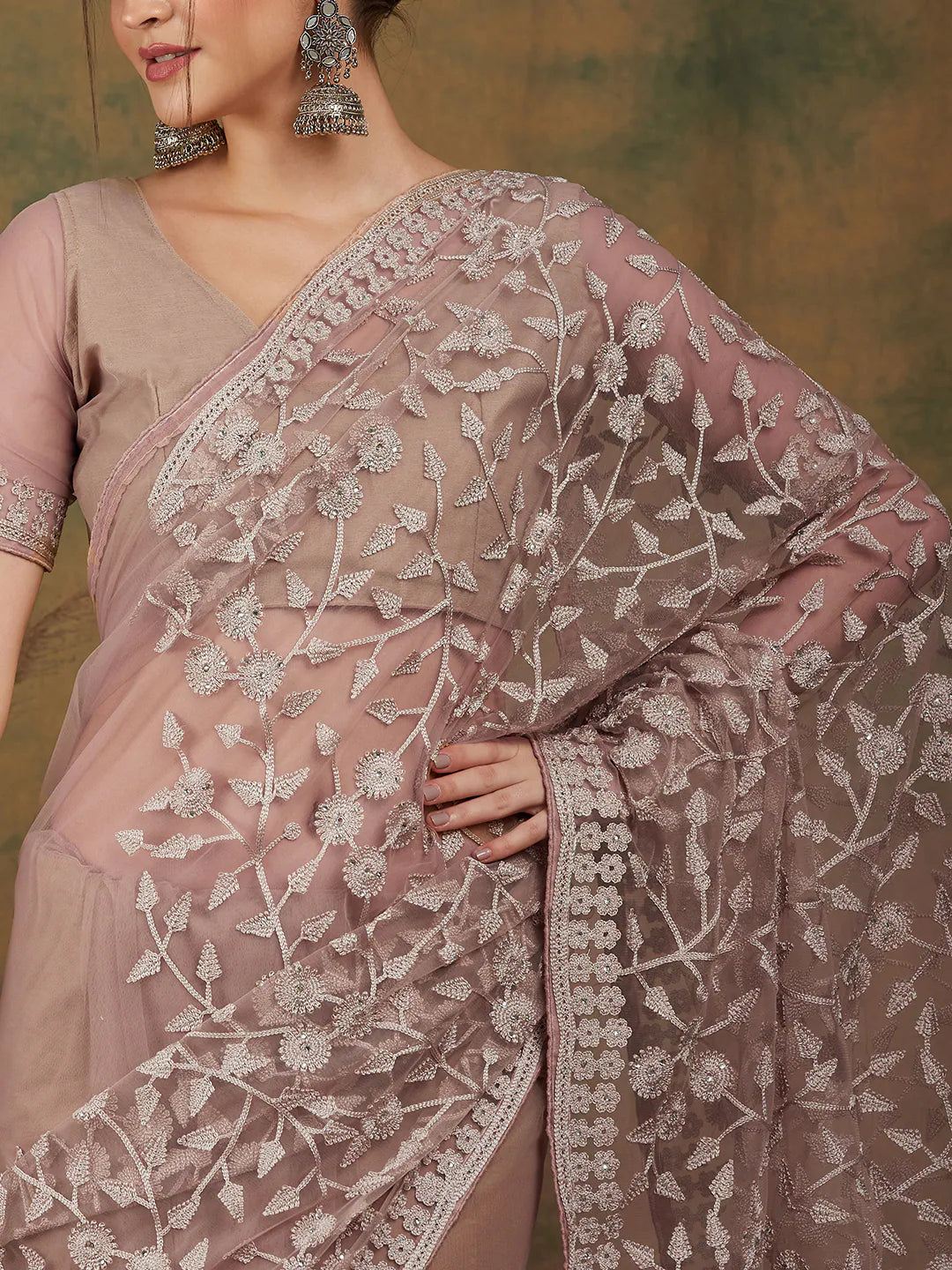 Beige Embroidered Polyester Saree | Indian Sari Elegance
