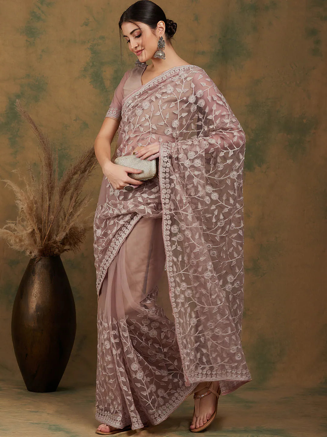 Beige Embroidered Polyester Saree | Indian Sari Elegance