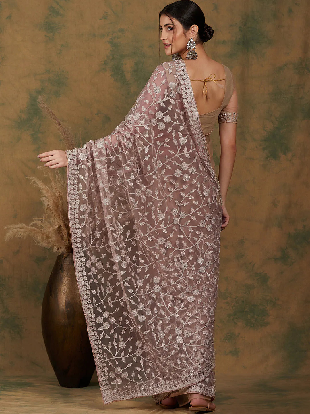 Beige Embroidered Polyester Saree | Indian Sari Elegance