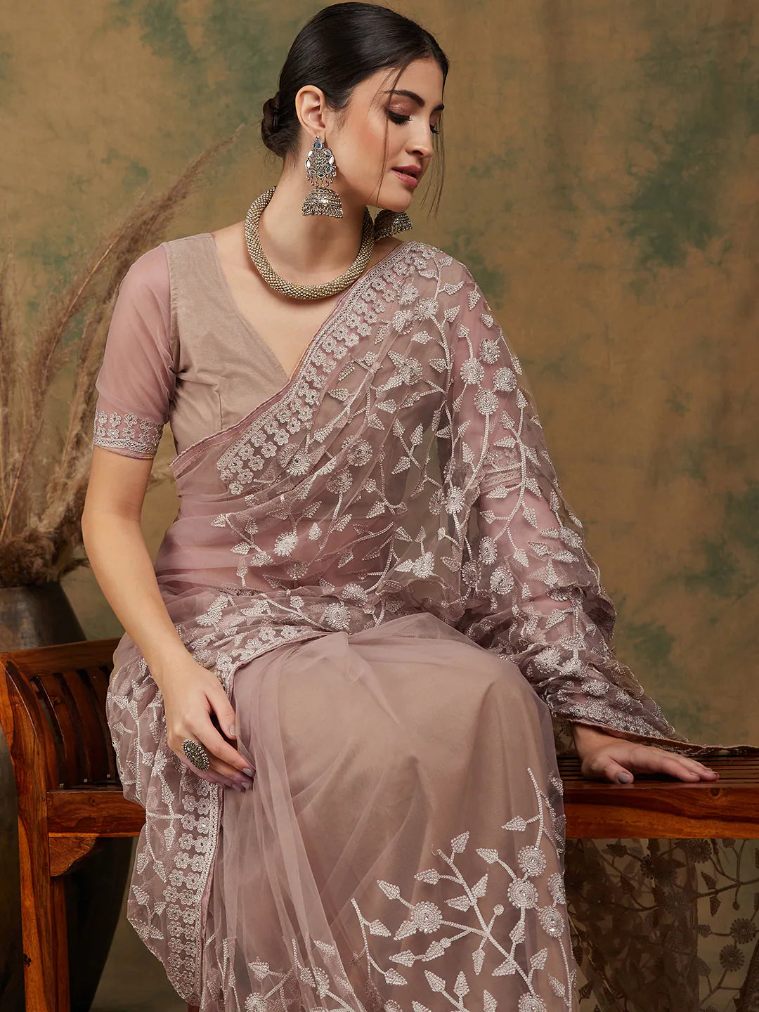 Beige Embroidered Polyester Saree | Indian Sari Elegance