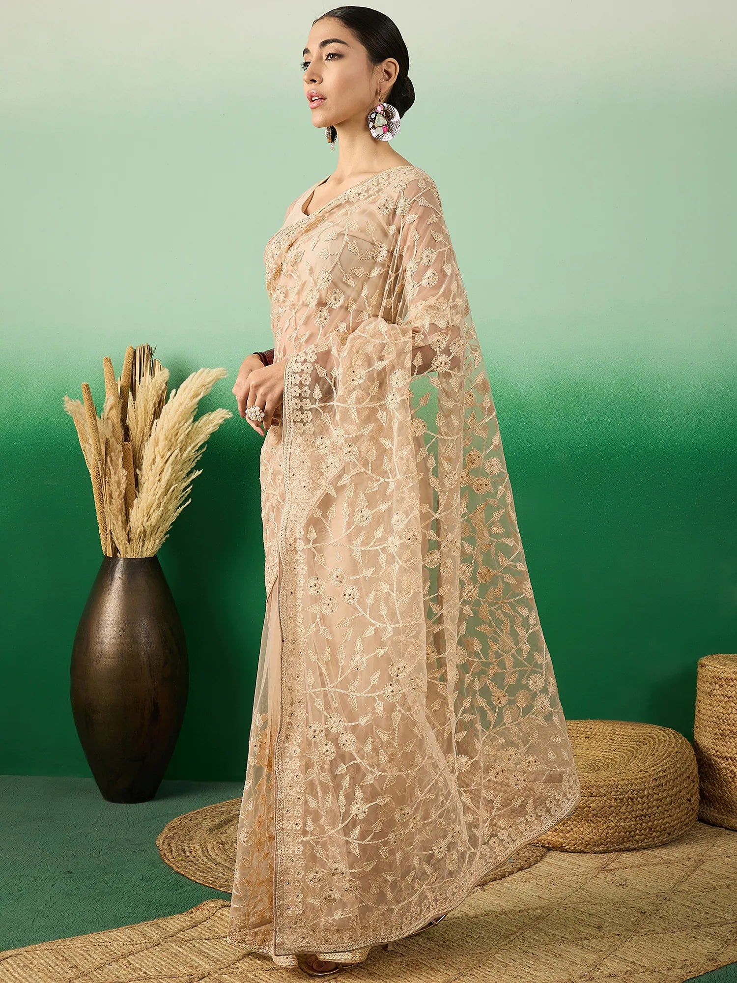 Beige Embroidered Polyester Indian Sari | Designer Sarees India