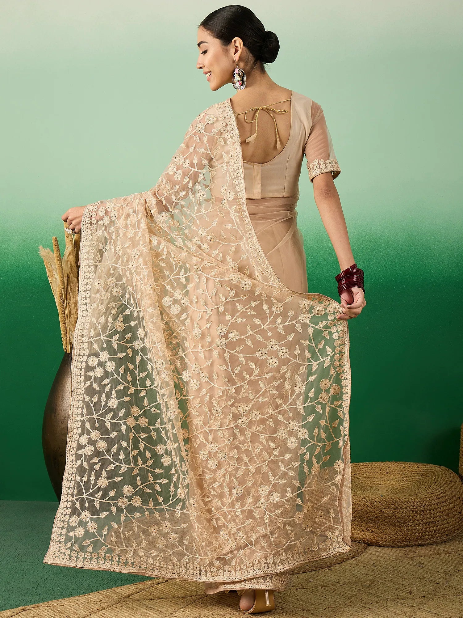 Beige Embroidered Polyester Indian Sari | Designer Sarees India