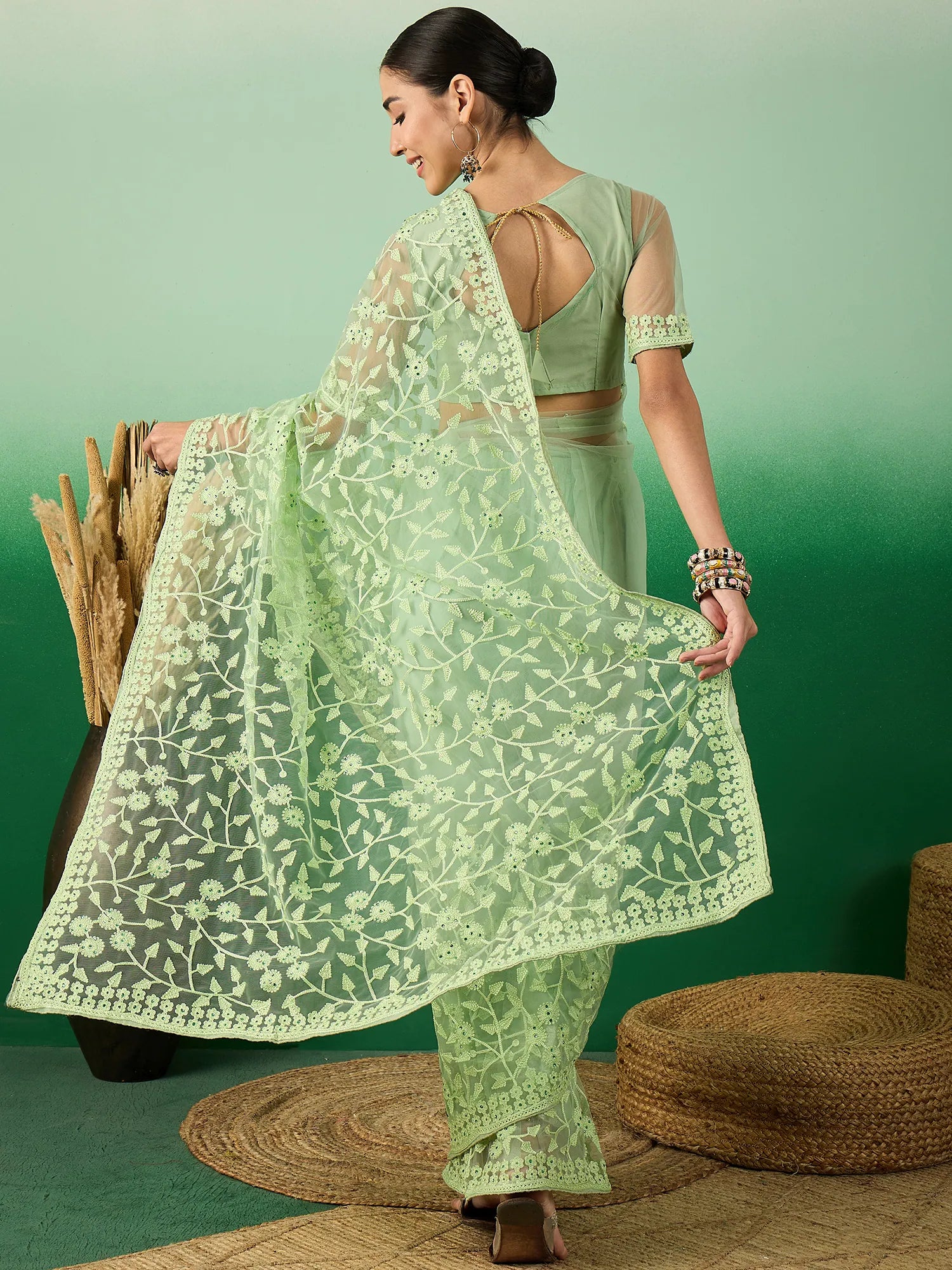 Pista Green Embroidered Saree | Indian Wedding Sarees