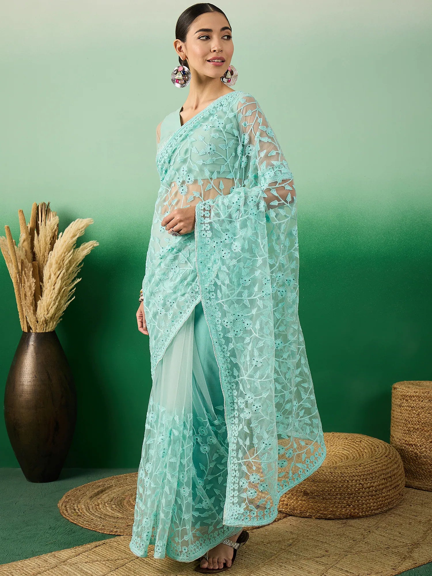 Sea Green Embroidered Saree | Indian Sarees Online