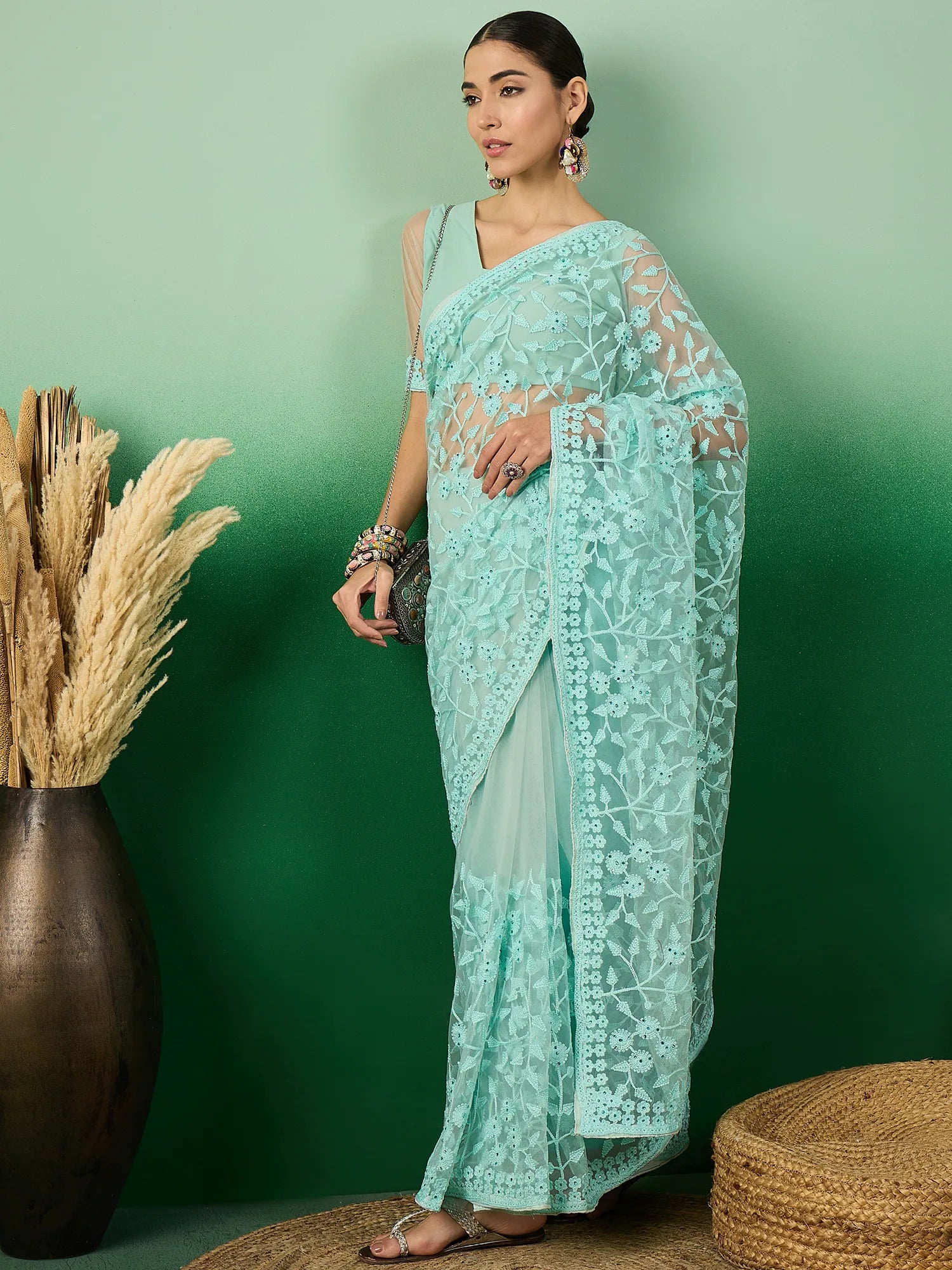 Sea Green Embroidered Saree | Indian Sarees Online
