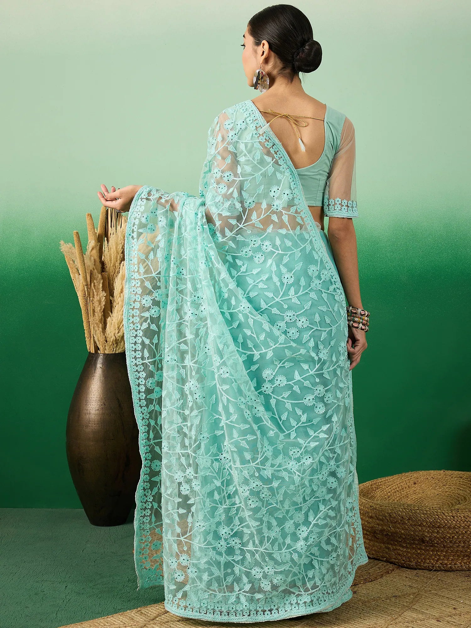 Sea Green Embroidered Saree | Indian Sarees Online