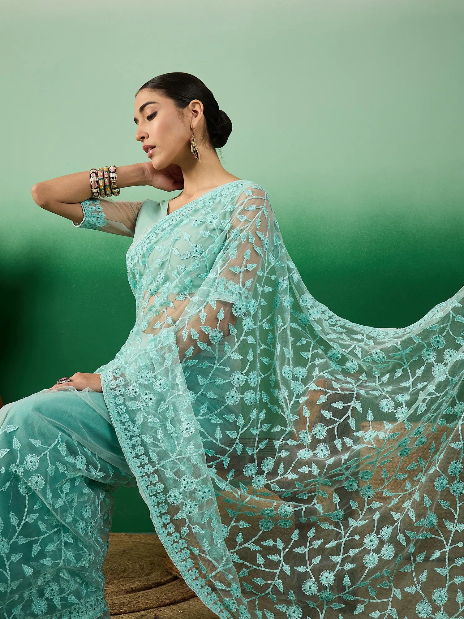 Sea Green Embroidered Saree | Indian Sarees Online
