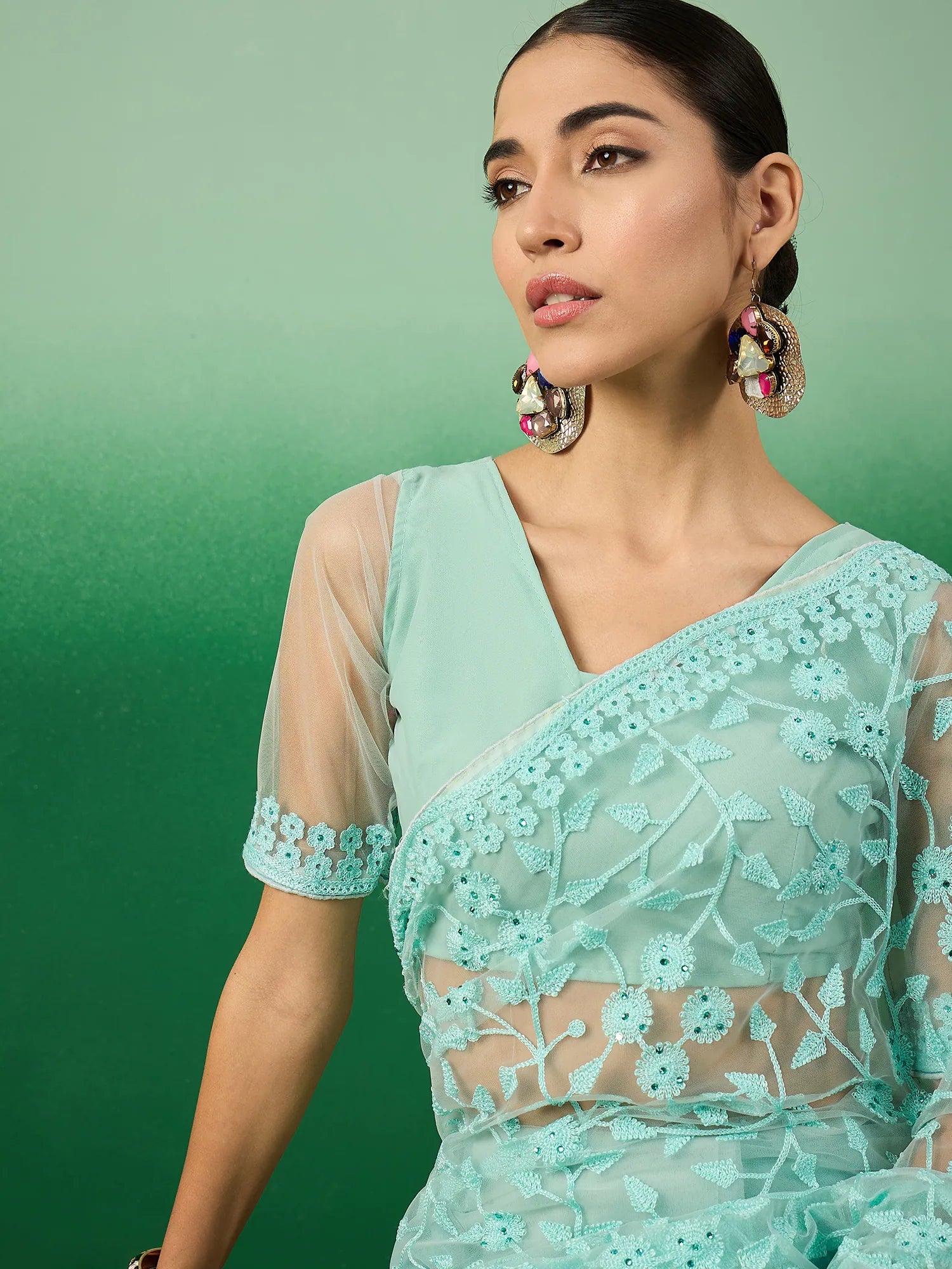 Sea Green Embroidered Saree | Indian Sarees Online