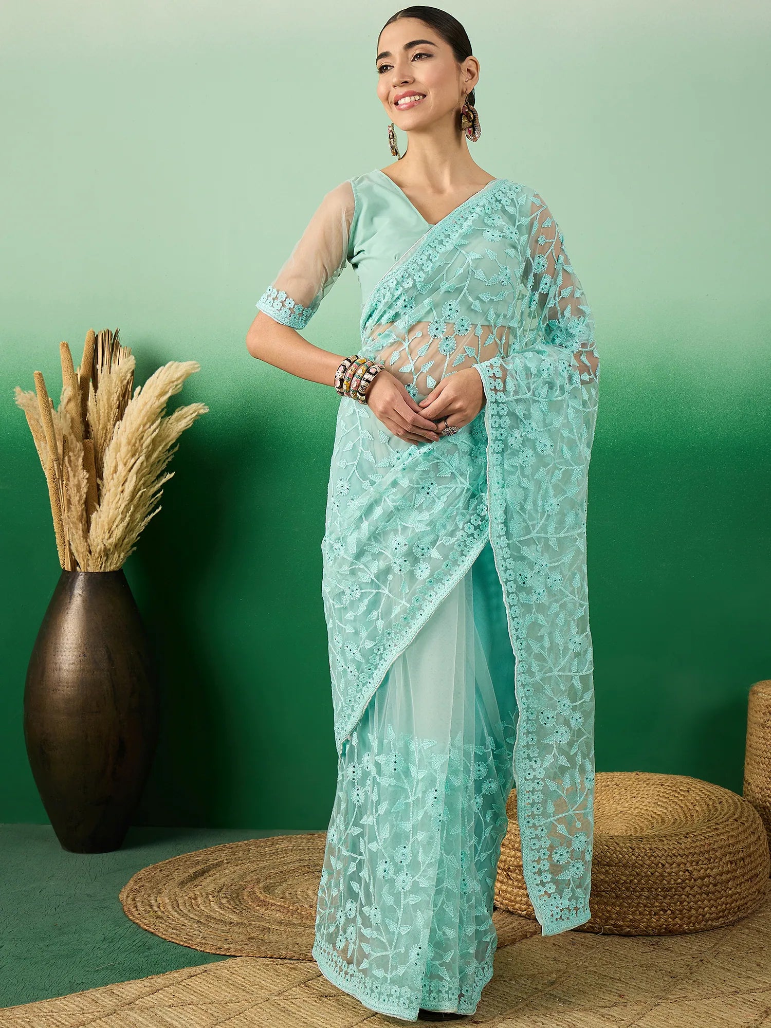 Sea Green Embroidered Saree | Indian Sarees Online