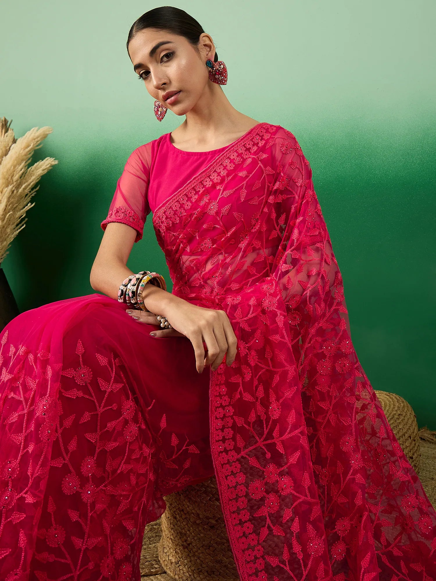 Pink Embroidered Indian Sari - Designer Sarees India