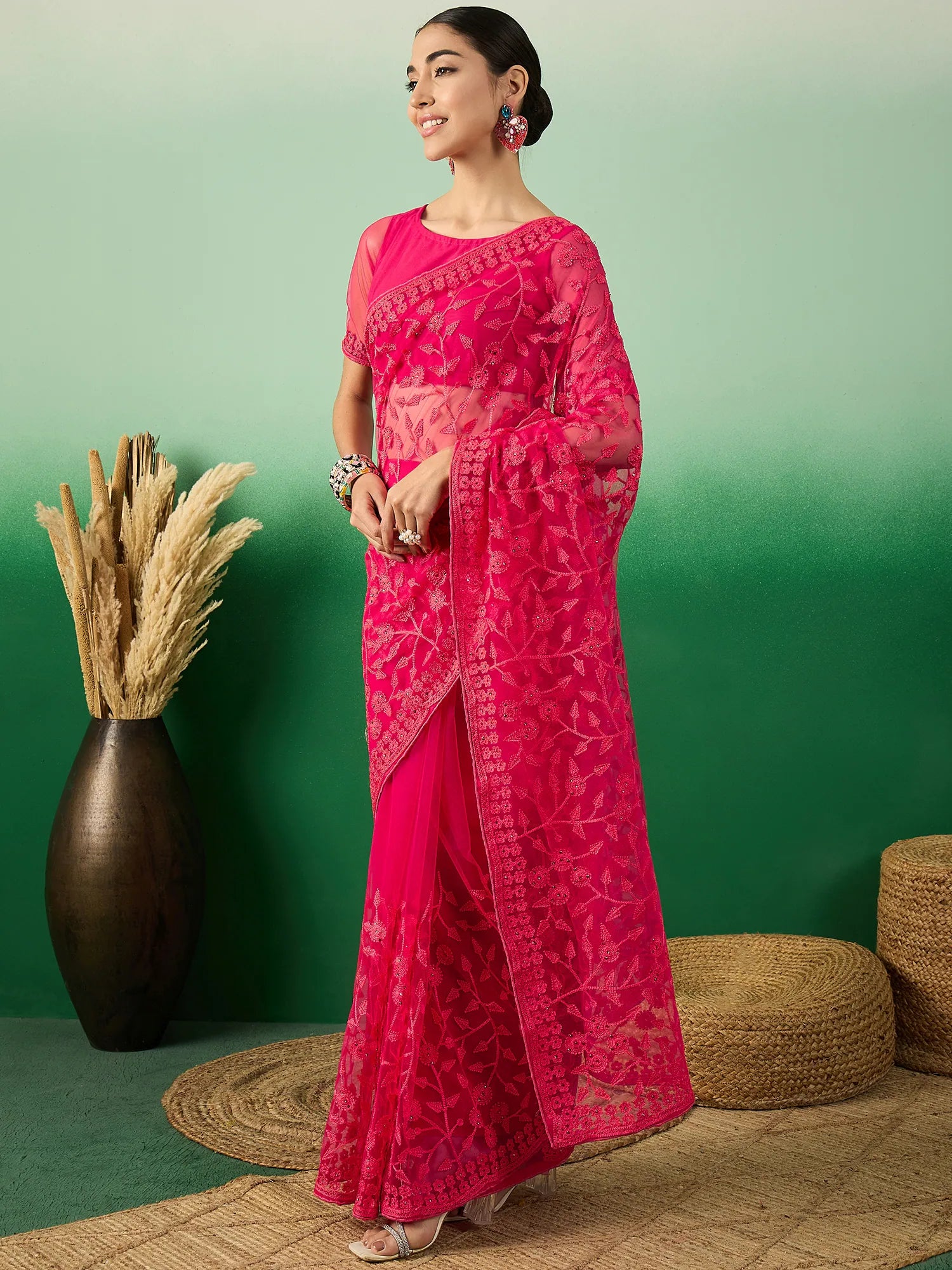 Pink Embroidered Indian Sari - Designer Sarees India