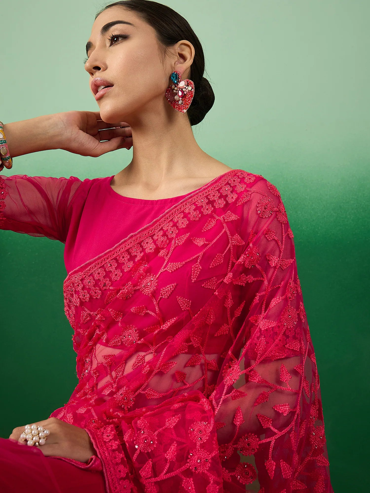 Pink Embroidered Indian Sari - Designer Sarees India