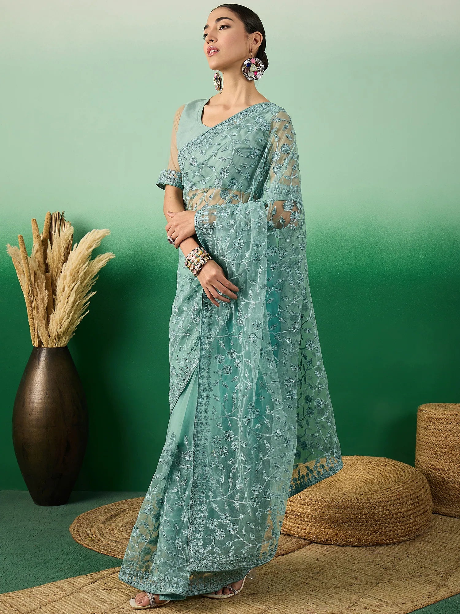 Teal Embroidered Saree | Graceful Designer Sarees India