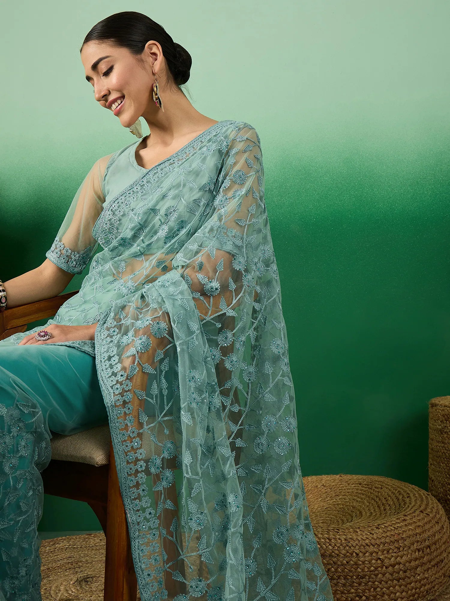 Teal Embroidered Saree | Graceful Designer Sarees India