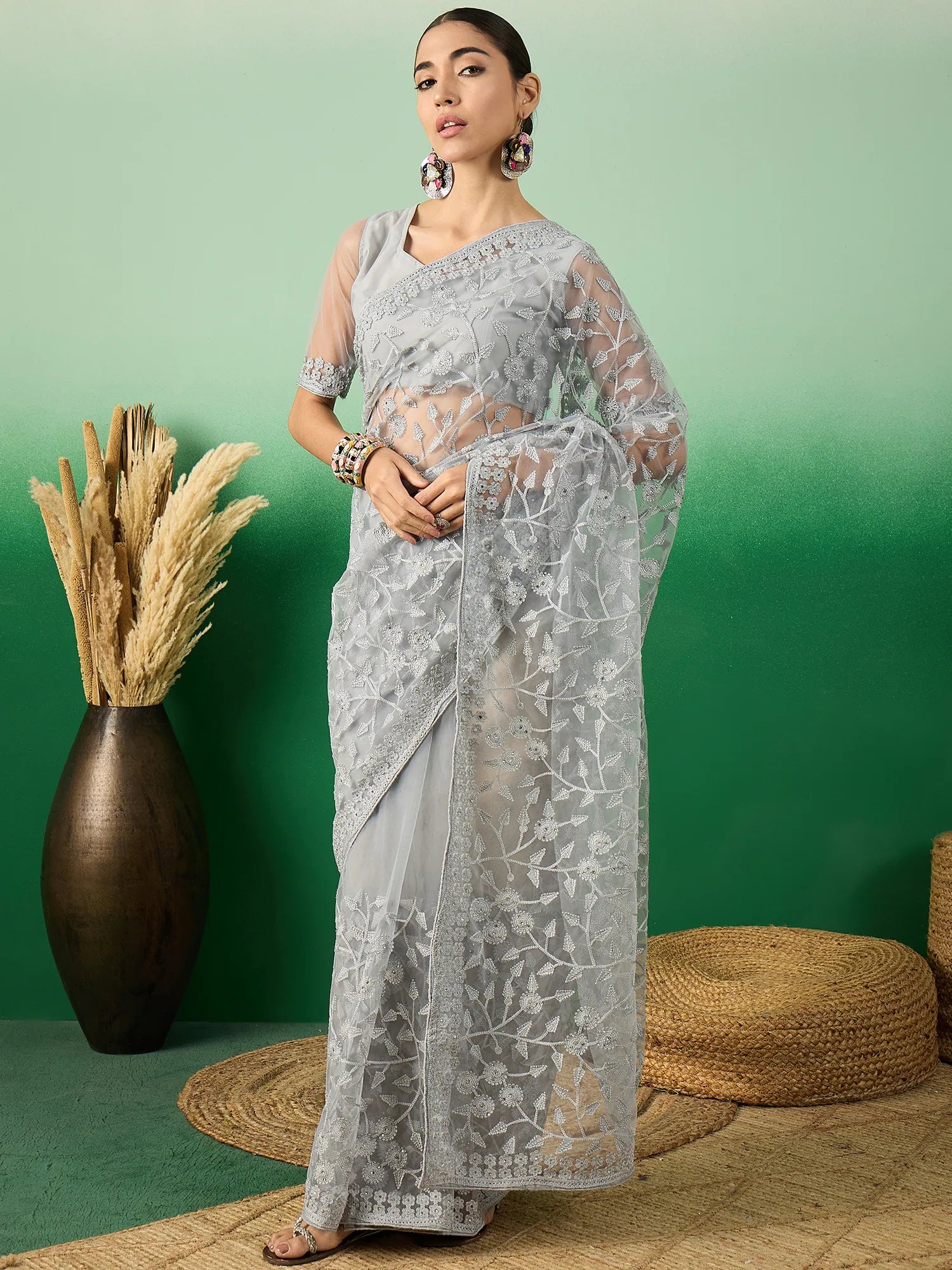 Grey Embroidered Saree | Designer Sarees India