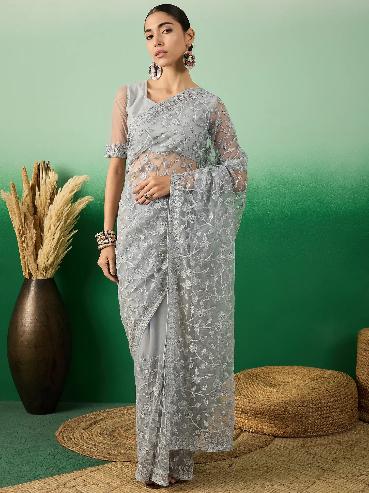 Grey Embroidered Saree | Designer Sarees India