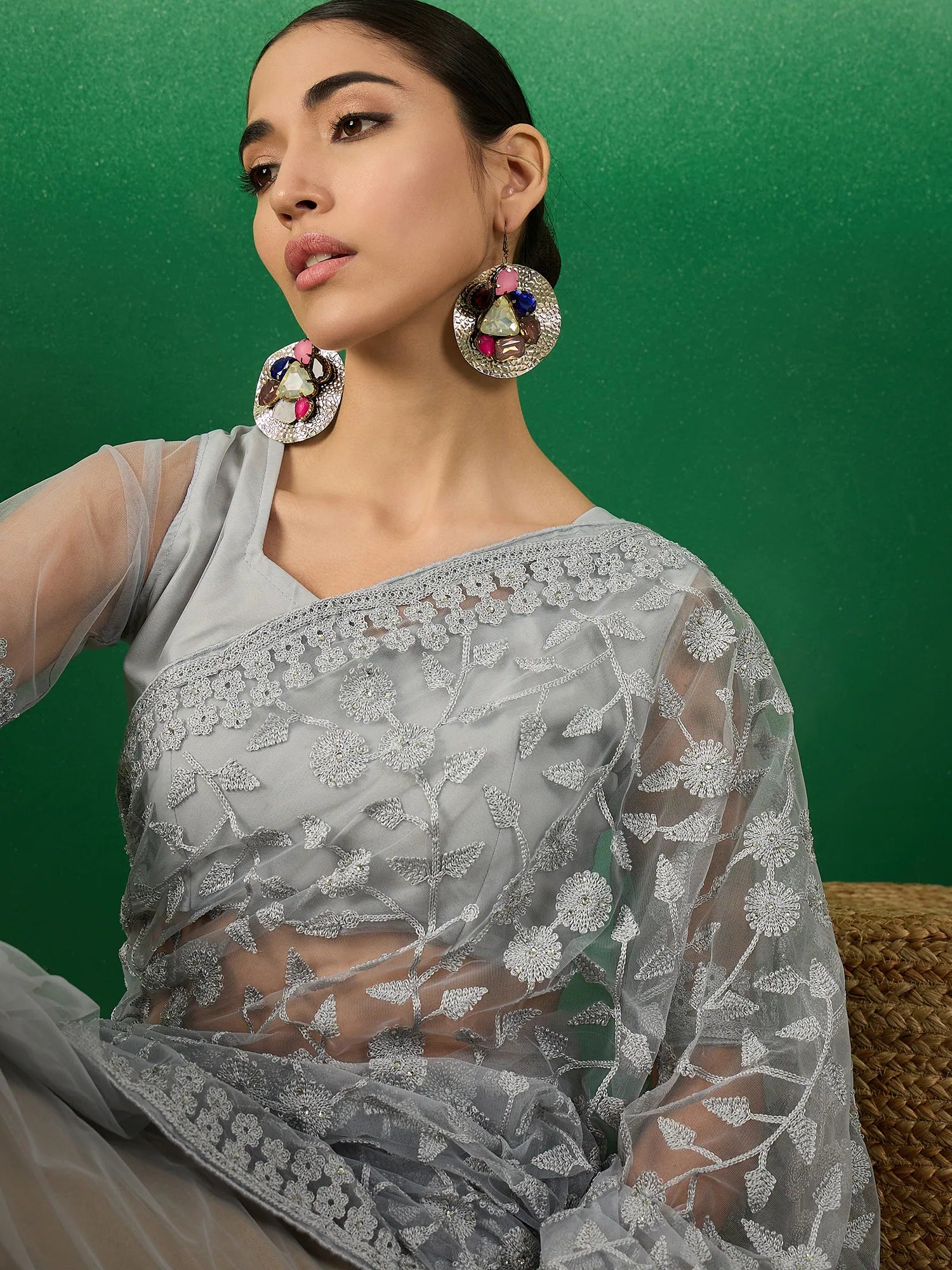 Grey Embroidered Saree | Designer Sarees India