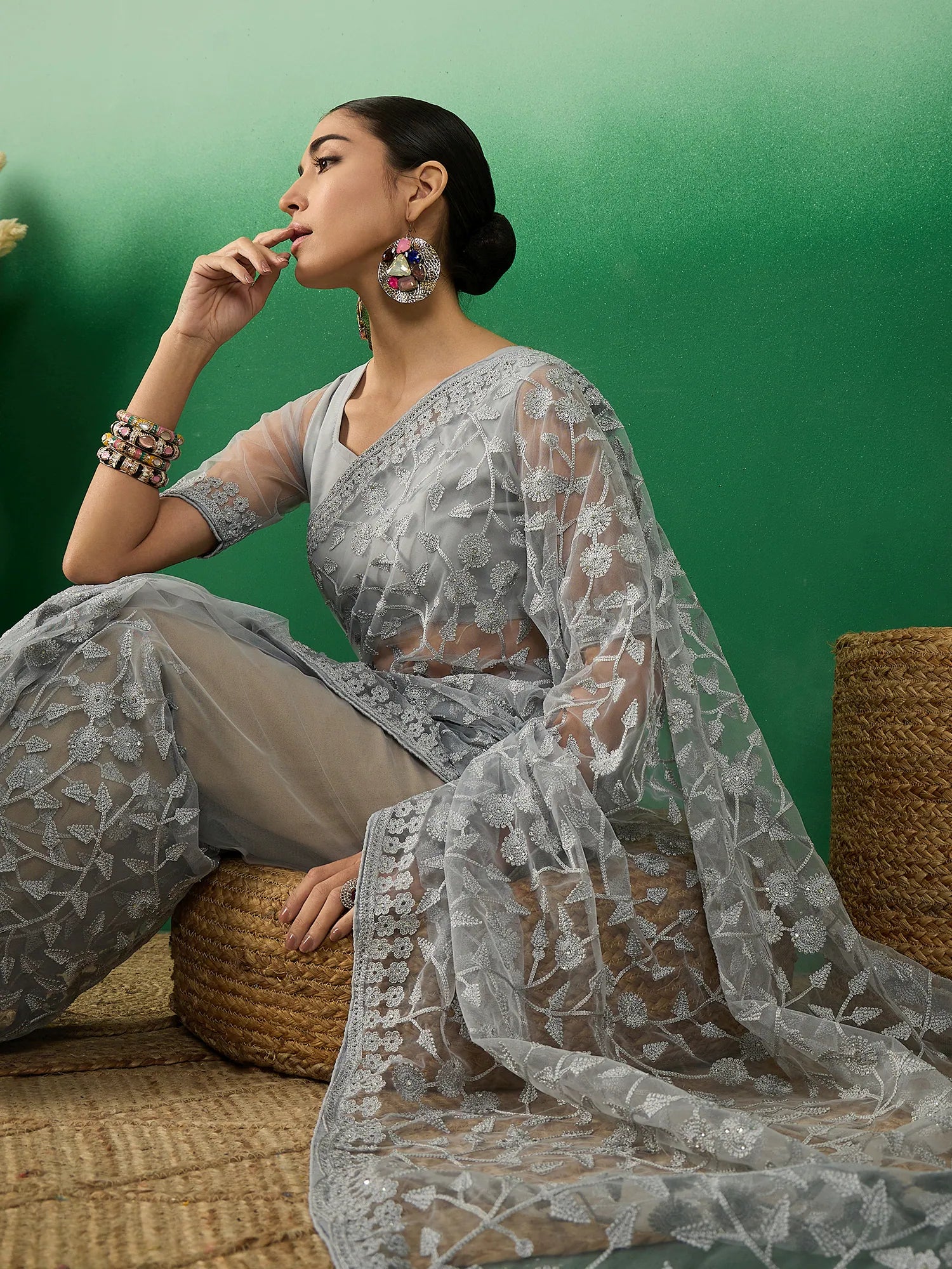 Grey Embroidered Saree | Designer Sarees India