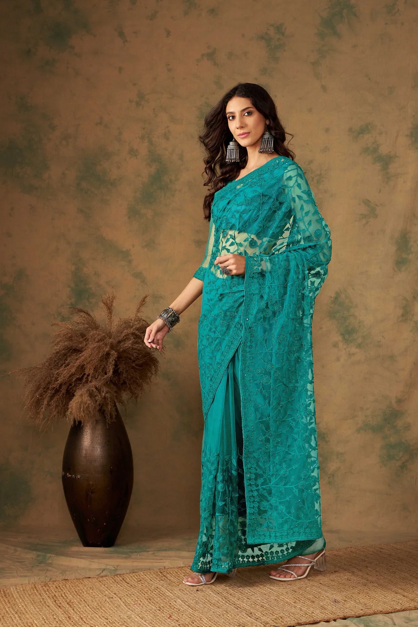 Green Embroidered Polyester Saree | Indian Sarees