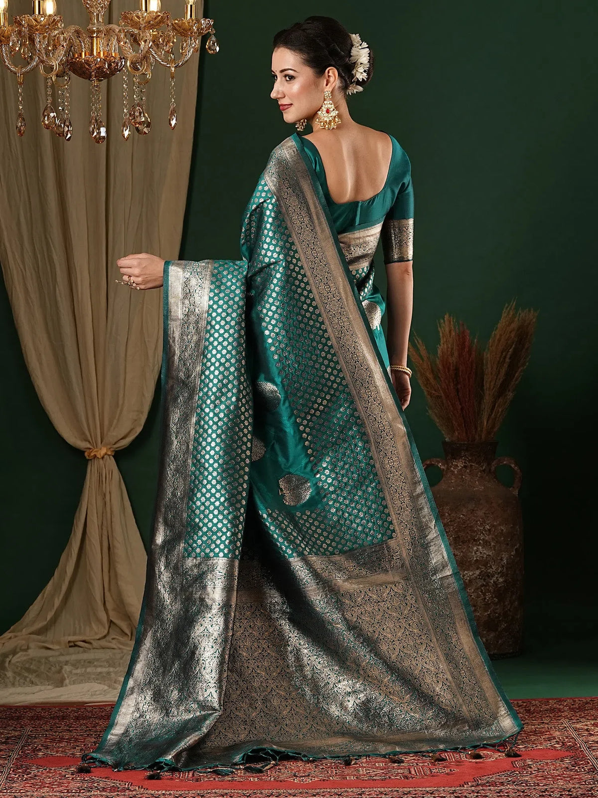 Women's  Blend Teal Blue Woven Design Designer Saree With Blouse Piece-ANUPMA3001