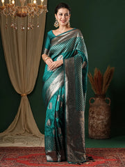 Women's  Blend Teal Blue Woven Design Designer Saree With Blouse Piece-ANUPMA3001