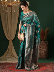 Women's  Blend Teal Blue Woven Design Designer Saree With Blouse Piece-ANUPMA3001