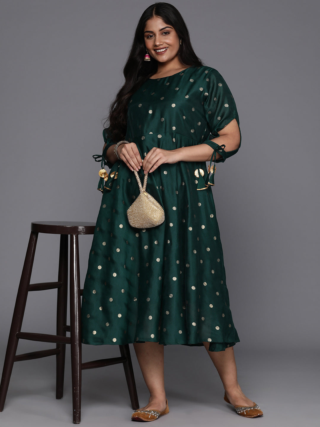 Plus Size Geometric Print Slit Sleeves A-Line Midi Ethnic Dress-AP-AHEDCHGP-127